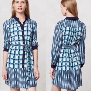 Maeve Anthropologie Women Blue White Mod Retro Geometric Print Dress